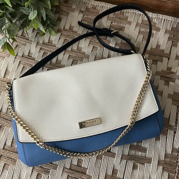 Kate Spade New York Saffiano Leather Flap Crossbody Blue Cream Gold Chain - Picture 2 of 7